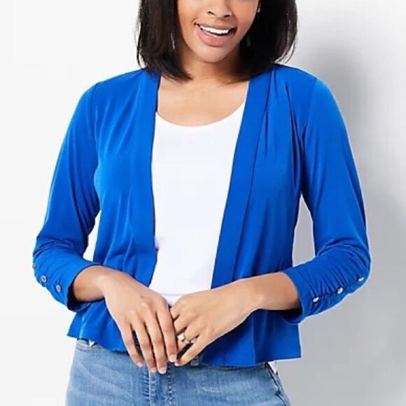 Susan Graver Liquid Knit Ruched Sleeve Shrug with Button Detail - Picture 1 of 7